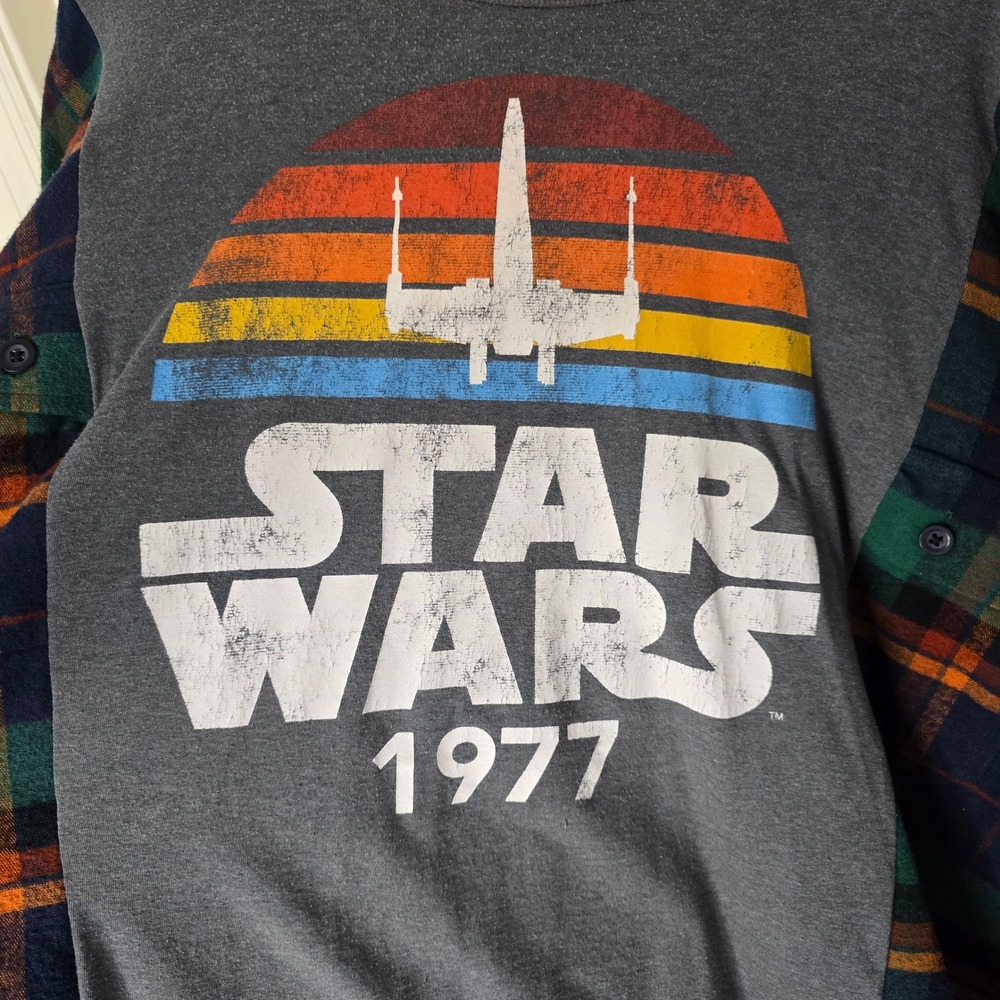 Upcycled Star Wars t-shirt‎ with plaid flannel OS